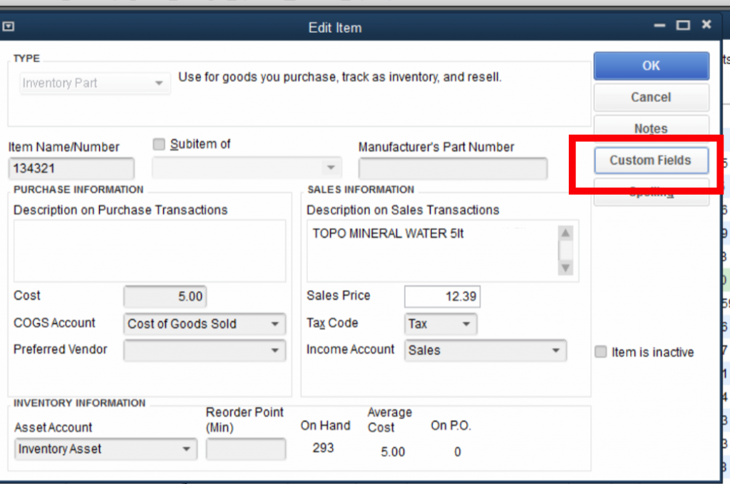 QuickBooks Lot Tracking 2 - Item - Custom Field